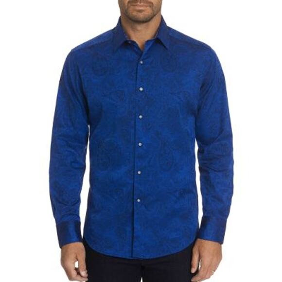 Robert Graham Men's Royal Blue Paisley Print "Andretti" Button Down Shirt, XL